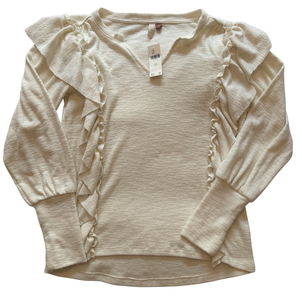 Anthropologie Pilcro Womens XXS Ruffle Front Ivory Pullover Knit Sweater Fits S